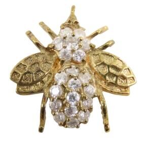 925 Sterling Silver Vermeil Bee Brooch Pendant Sparkling Crystal Accents 1 inch
